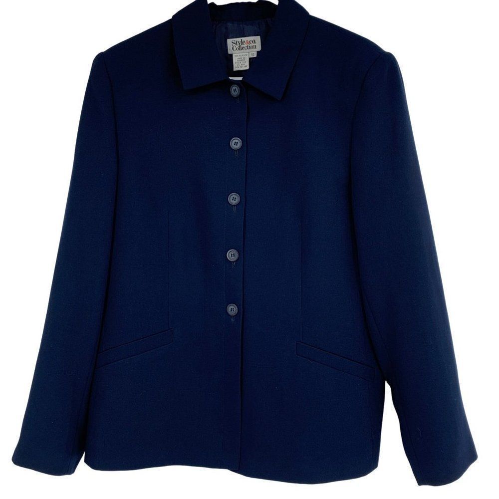 Style & Co Blazer Jacket Navy Blue Size 12 Womens 2422 GUC 5 Button Front